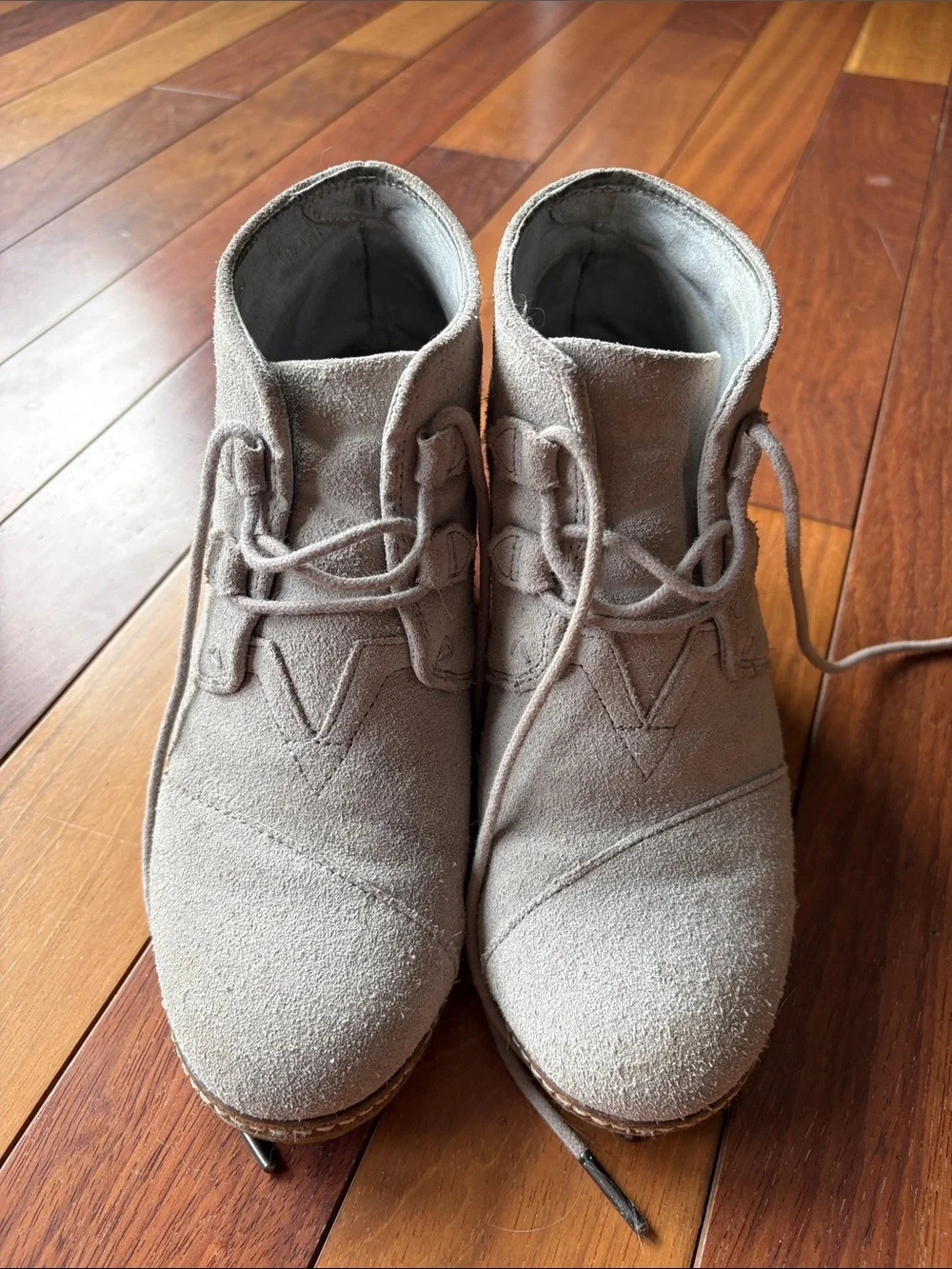 Toms Taupe Suede Lace-Up Wedge Booties